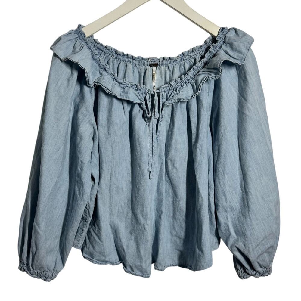 Free People Top Women XS Blue Lilly of The Valley Ruffle Neck Denim‎ Chambray